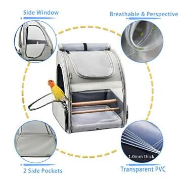 Texsens Bird Carrier Backpack - Pet Travel Cage with Upgraded Tray and Standing Perches, Breathable & Portable, for Small Birds, Green Cheek, Cockatiel, Parrot (Grey)