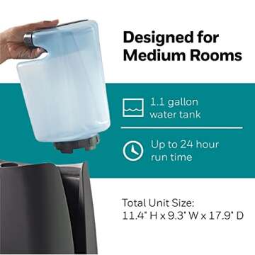 Honeywell Cool Moisture Humidifier, Medium Room, 1.1 Gallon Tank, Black – Invisible Moisture Humidifier for Baby, Kids, Adult Bedrooms – Quiet and Easy to Clean with UV Technology for Everyday Comfort