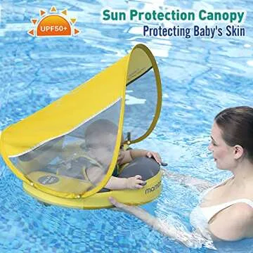 Preself Upgraded Baby Float Non-Inflatable Mambobaby Swim Ring, Infant Soft Solid Swimming Trainer, Baby Pool Float with Removable UPF 50+ UV Sun Protection Canopy (Yellow Ladybug)