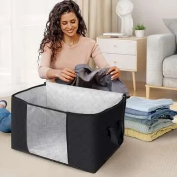 Fab totes 8 Pack Clothes Storage, Foldable Thick Fabric Blanket Storage Bags, Storage Containers for Organizing Bedroom, Closet, Clothing, Comforter, Organization and Storage with Handle,Black