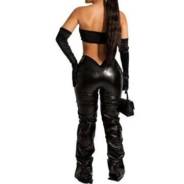 hibshaby Black Stack Leather Pants, Sexy Faux Leather Pants Low V Waist Pu Leather Ruched Hipster Leggings Streetwear Trousers Black M