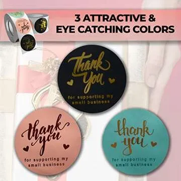 600 Pcs Thank You Stickers, 1.5 Inch Thank You Stickers for Small Business, Self-Adhesive and Waterproof Stickers Roll of 3 Colors, Strong and Durable Stickers of Synthetic Paper