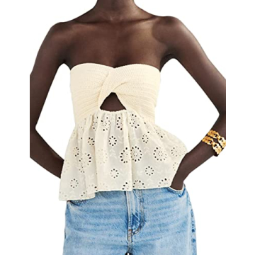 MISSACTIVER Women Twist Knot Knit Bandeau Tube Top Embroidery Strapless Off Shoulder Backless Hollow Crop Tank Corset Top