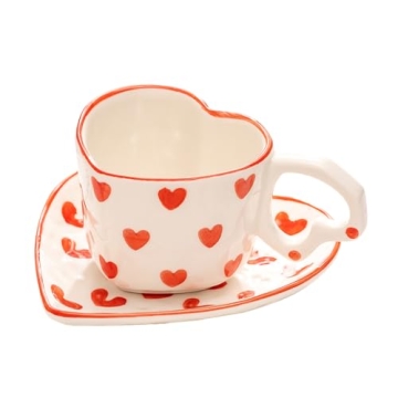 WAIT FLY Heart Shaped Ceramic Coffee Mug Set with Saucer, Tea Cup, Breakfast Cup, Dessert Plate-Red-...