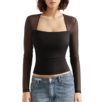 SUUKSESS Women Sexy Mesh Long Sleeve Tops Trendy Square Neck Going Out Slimming T Shirts (Black,S)
