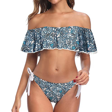 Stylish Tempt Me Blue Bikini Set with Ruffle Top