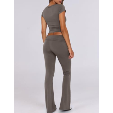ANRABESS 2 Piece Sets for Women Lounge Loungewear Sets Foldover Yoga Flare Leggings Pants and Cropped Tops Casual Y2K Outfits Deep Gray Small