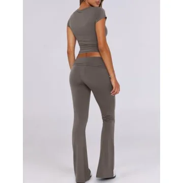 ANRABESS 2 Piece Sets for Women Lounge Loungewear Sets Foldover Yoga Flare Leggings Pants and Cropped Tops Casual Y2K Outfits Deep Gray Small