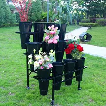 Zhongma Moving Plant Stand with Wheels Heavy Duty Garden Cart Display Flower Shelf with 12pcs Plastic Buckets for Fresh Flowers