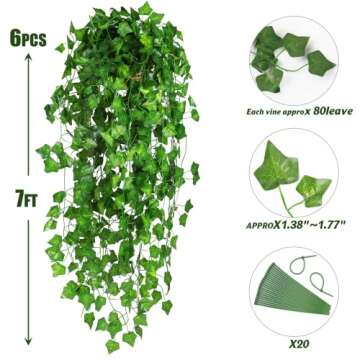 BLEUM CADE 6 Strands 42Ft Fake Vines for Bedroom with Fake Leaves, Cute Artificial Hanging Ivy Vines Fake Plants for Christmas Party Garden Store Wall Room Decor Aesthetic