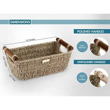 ADO Basics Seagrass Hand Woven Basket with Stain Resistant Polished Wooden Handles, Toilet paper Storage Wicker Baskets 12 inches Length, 6.29 inches Width, 4.25 inches Height, Natural