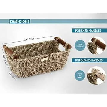 ADO Basics Seagrass Hand Woven Basket with Stain Resistant Polished Wooden Handles, Toilet paper Storage Wicker Baskets 12 inches Length, 6.29 inches Width, 4.25 inches Height, Natural