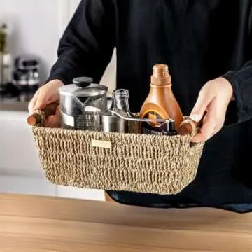 ADO Basics Seagrass Hand Woven Basket with Stain Resistant Polished Wooden Handles, Toilet paper Storage Wicker Baskets 12 inches Length, 6.29 inches Width, 4.25 inches Height, Natural