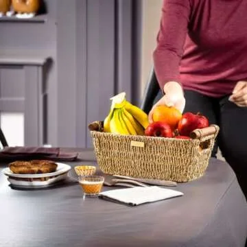 ADO Basics Seagrass Hand Woven Basket with Stain Resistant Polished Wooden Handles, Toilet paper Storage Wicker Baskets 12 inches Length, 6.29 inches Width, 4.25 inches Height, Natural