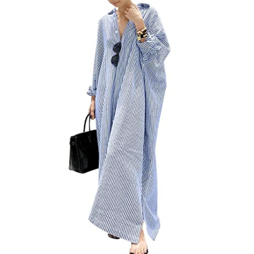 chouyatou Women's Casual Long Sleeve Button Down Loose Striped Cotton Maxi Shirt Dress (Small, Blue)