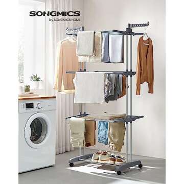 SONGMICS Clothes Drying Rack Stand 4-Tier, Foldable Laundry Drying Rack 68.1-Inch Tall, Steel, Rolli...