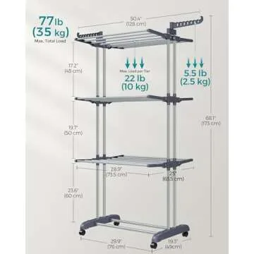 SONGMICS Clothes Drying Rack Stand 4-Tier, Foldable Laundry Drying Rack 68.1-Inch Tall, Steel, Rolling Clothes Horses Dryer Rack, Easy to Assemble, Indoor Outdoor Use, Dove Gray ULLR701G01