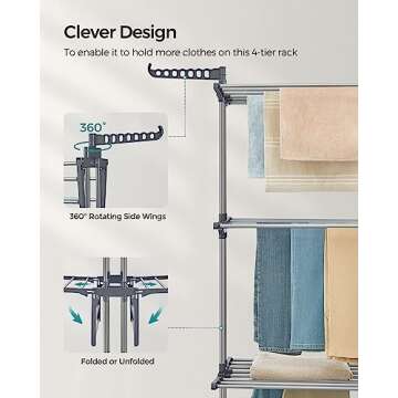 SONGMICS Clothes Drying Rack Stand 4-Tier, Foldable Laundry Drying Rack 68.1-Inch Tall, Steel, Rolling Clothes Horses Dryer Rack, Easy to Assemble, Indoor Outdoor Use, Dove Gray ULLR701G01