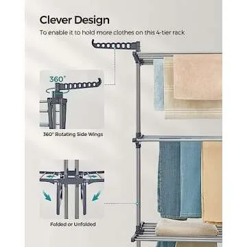 SONGMICS Clothes Drying Rack Stand 4-Tier, Foldable Laundry Drying Rack 68.1-Inch Tall, Steel, Rolling Clothes Horses Dryer Rack, Easy to Assemble, Indoor Outdoor Use, Dove Gray ULLR701G01