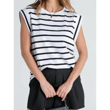 CALEBGAR Cap Sleeve Tops for Women Summer Sleeveless Tank Top Crew Neck Striped Basic Tee Shirts Casual Loose Fit 2024 Trendy White Stripes S