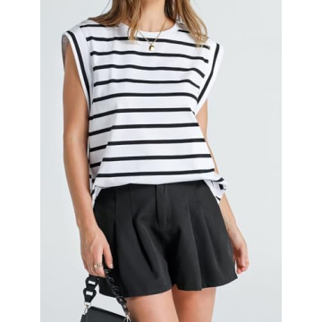 CALEBGAR Cap Sleeve Tops for Women Summer Sleeveless Tank Top Crew Neck Striped Basic Tee Shirts Casual Loose Fit 2024 Trendy White Stripes S