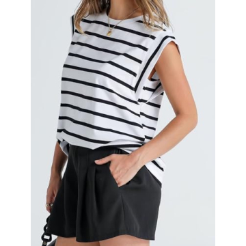 CALEBGAR Cap Sleeve Tops for Women Summer Sleeveless Tank Top Crew Neck Striped Basic Tee Shirts Casual Loose Fit 2024 Trendy White Stripes S