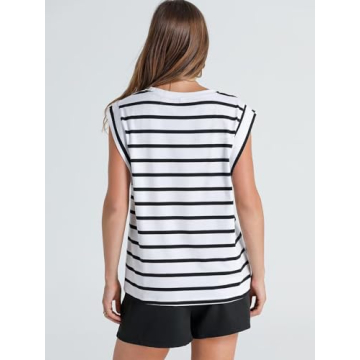 CALEBGAR Cap Sleeve Tops for Women Summer Sleeveless Tank Top Crew Neck Striped Basic Tee Shirts Casual Loose Fit 2024 Trendy White Stripes S