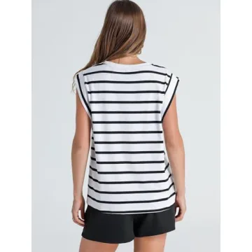 CALEBGAR Cap Sleeve Tops for Women Summer Sleeveless Tank Top Crew Neck Striped Basic Tee Shirts Casual Loose Fit 2024 Trendy White Stripes S