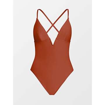 CUPSHE Women Swimsuit One Piece Bathing Suit Deep V Neck Crisscross Back Adjustable Strap, XS Brick Red