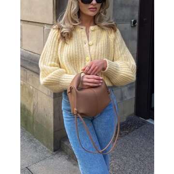 VDWIP Womens Cardigan Sweaters Button Down Chunky Knit Sweater Fall Loose Long Sleeve Cropped Cardig...