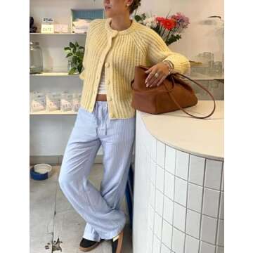 VDWIP Womens Cardigan Sweaters Button Down Chunky Knit Sweater Fall Loose Long Sleeve Cropped Cardigan(Yellow-S)