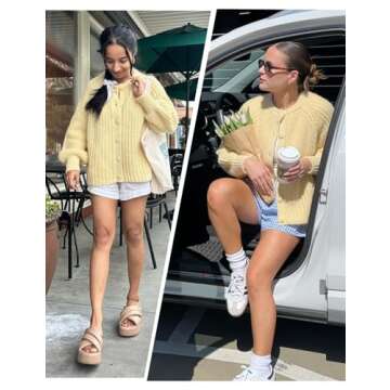 VDWIP Womens Cardigan Sweaters Button Down Chunky Knit Sweater Fall Loose Long Sleeve Cropped Cardigan(Yellow-S)