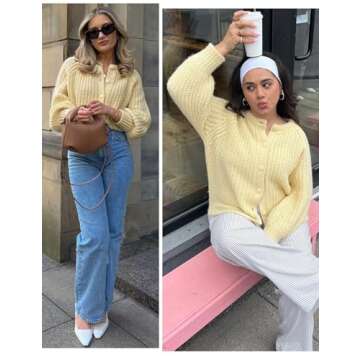 VDWIP Womens Cardigan Sweaters Button Down Chunky Knit Sweater Fall Loose Long Sleeve Cropped Cardigan(Yellow-S)