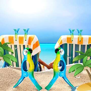 8 Pcs Beach Towel Clips for Beach Chairs Beach Chair Clips Portable Parrot Flamingo Cactus Swallow Beach Towel Holder for Towels Cruise Pool Holiday Outdoor Clothes Pins (Cute Parrot)