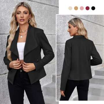 Zando Black Leather Jacket Women Bomber Jacket Women Faux Suede Jacket with Pockets Fashion Moto Jacket Woman Open Front Draped Cropped Jacket Outwear Long Sleeve Jackets for Women Casual M