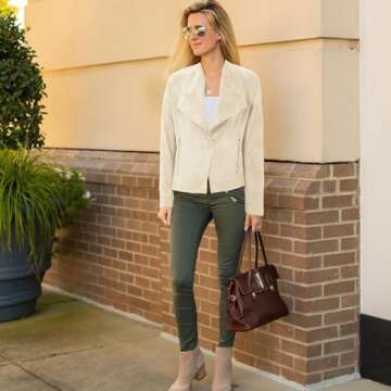 Zando Black Leather Jacket Women Bomber Jacket Women Faux Suede Jacket with Pockets Fashion Moto Jacket Woman Open Front Draped Cropped Jacket Outwear Long Sleeve Jackets for Women Casual M