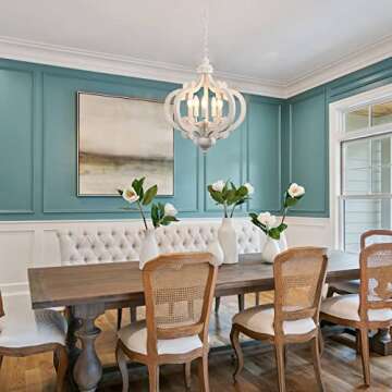 Wooden Farmhouse Chandelier: 5 Light Distressed Antique White Fixture