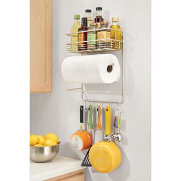mDesign Metal Wall Mount Paper Towel Holder with Storage Shelf and Hooks for Kitchen, Pantry, Laundr...