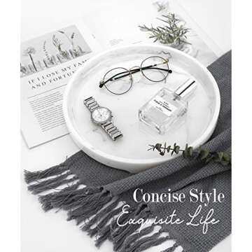 MoKo Resin Vanity Tray,Marble Perfume Tray Round Kitchen Tray Decorative Bathroom Tray for Dresser-top Toilet Tank Bedroom Cosmetics Jewelry – White Marble