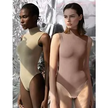 PUMIEY Sleeveless Bodysuit for Women Mock Turtle Neck Sexy Tank Tops Body Suits Women Clothing Taffy Small