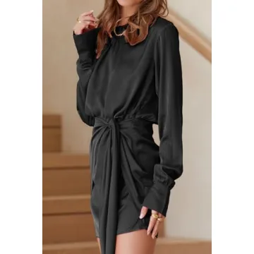 BTFBM Women Casual Long Sleeve Ruched Wrap Dress