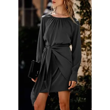 BTFBM Women Casual Long Sleeve Ruched Wrap Dress
