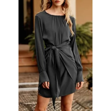 BTFBM Women Casual Long Sleeve Ruched Wrap Dress