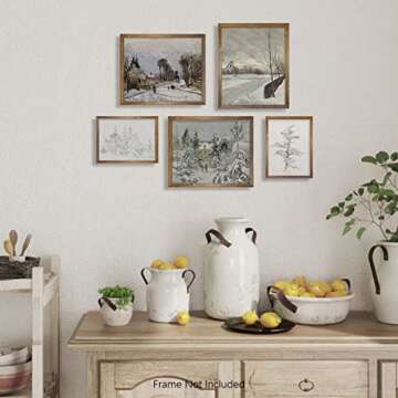 Rustic Modern Farmhouse Wall Art Decor - French Country Kitchen Print Poster - Boho Art Deco Landscape Pictures Bathroom - Aesthetic Vintage CottageCore, Snow Winter White Christmas Tree Holiday Décor