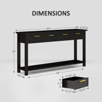 HLXZN Console Table for Entryway, 60 Inch Sofa Table w/4 Drawers and Bottom Shelf Narrow Long Hallwa...