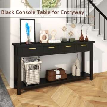 HLXZN Console Table for Entryway, 60 Inch Sofa Table w/4 Drawers and Bottom Shelf Narrow Long Hallway Table for Living Room Entryway Home, Black