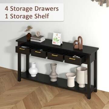 HLXZN Console Table for Entryway, 60 Inch Sofa Table w/4 Drawers and Bottom Shelf Narrow Long Hallway Table for Living Room Entryway Home, Black