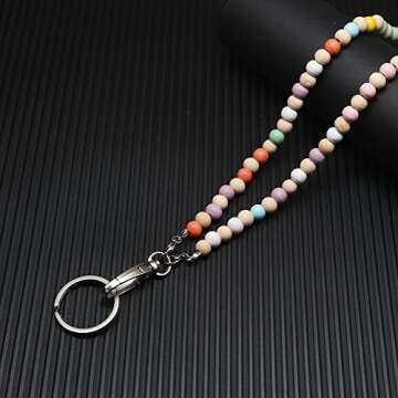 C&L Accessories Lanyard with Id Holder for Teacher, Beaded Wood Lanyard for Keys, Neck Lanyard for ID Badges for Women (Candy Colorful)