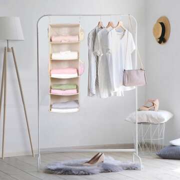 MAX Houser 5 Shelf Hanging Closet Organizer, Space Saver, Cloth Hanging Shelves with 4 Side Pockets, Foldable, Beige