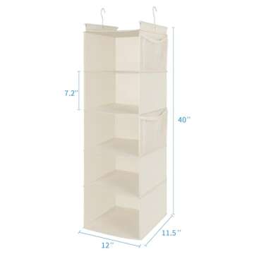 MAX Houser 5 Shelf Hanging Closet Organizer, Space Saver, Cloth Hanging Shelves with 4 Side Pockets, Foldable, Beige